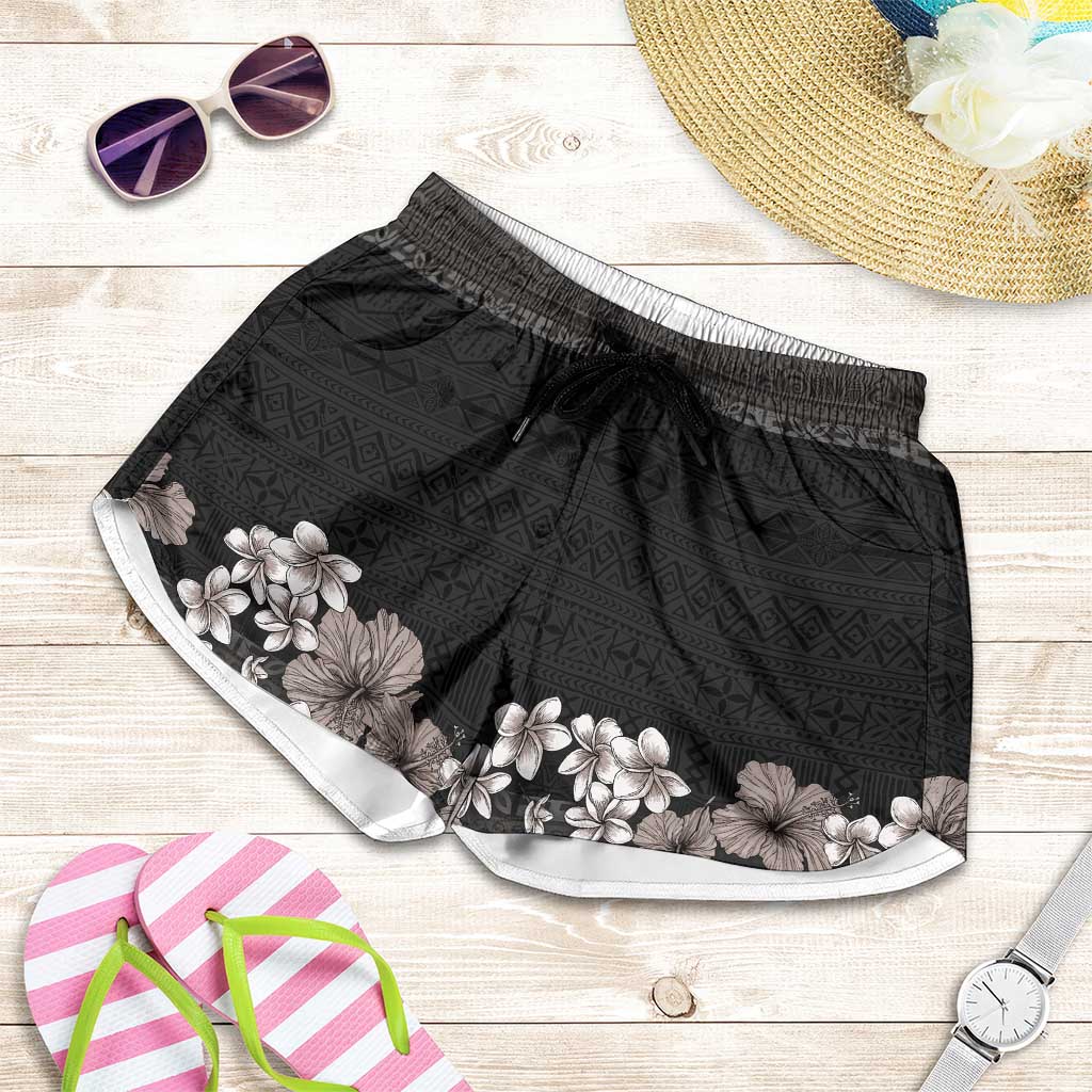 Hawaiian Tropical Flowers and Tribal Polynesian Tattoo Shorts for Women Grayscale Mode LT03 Black - Polynesian Pride