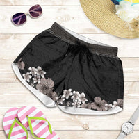 Hawaiian Tropical Flowers and Tribal Polynesian Tattoo Shorts for Women Grayscale Mode LT03 Black - Polynesian Pride