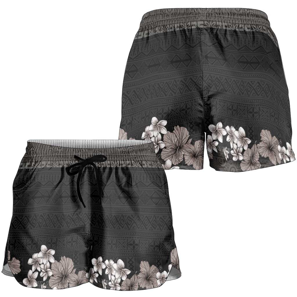 Hawaiian Tropical Flowers and Tribal Polynesian Tattoo Shorts for Women Grayscale Mode LT03 - Polynesian Pride