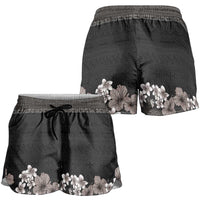 Hawaiian Tropical Flowers and Tribal Polynesian Tattoo Shorts for Women Grayscale Mode LT03 - Polynesian Pride