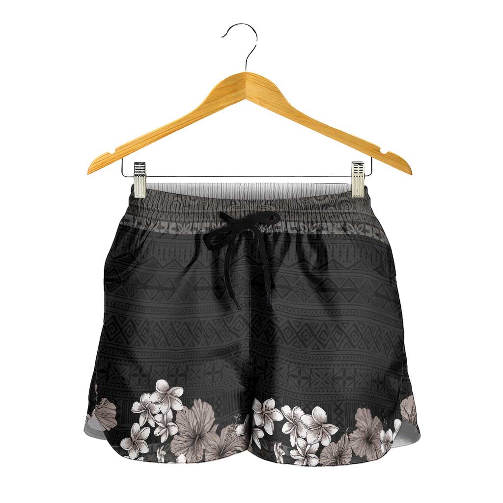 Hawaiian Tropical Flowers and Tribal Polynesian Tattoo Shorts for Women Grayscale Mode LT03 - Polynesian Pride