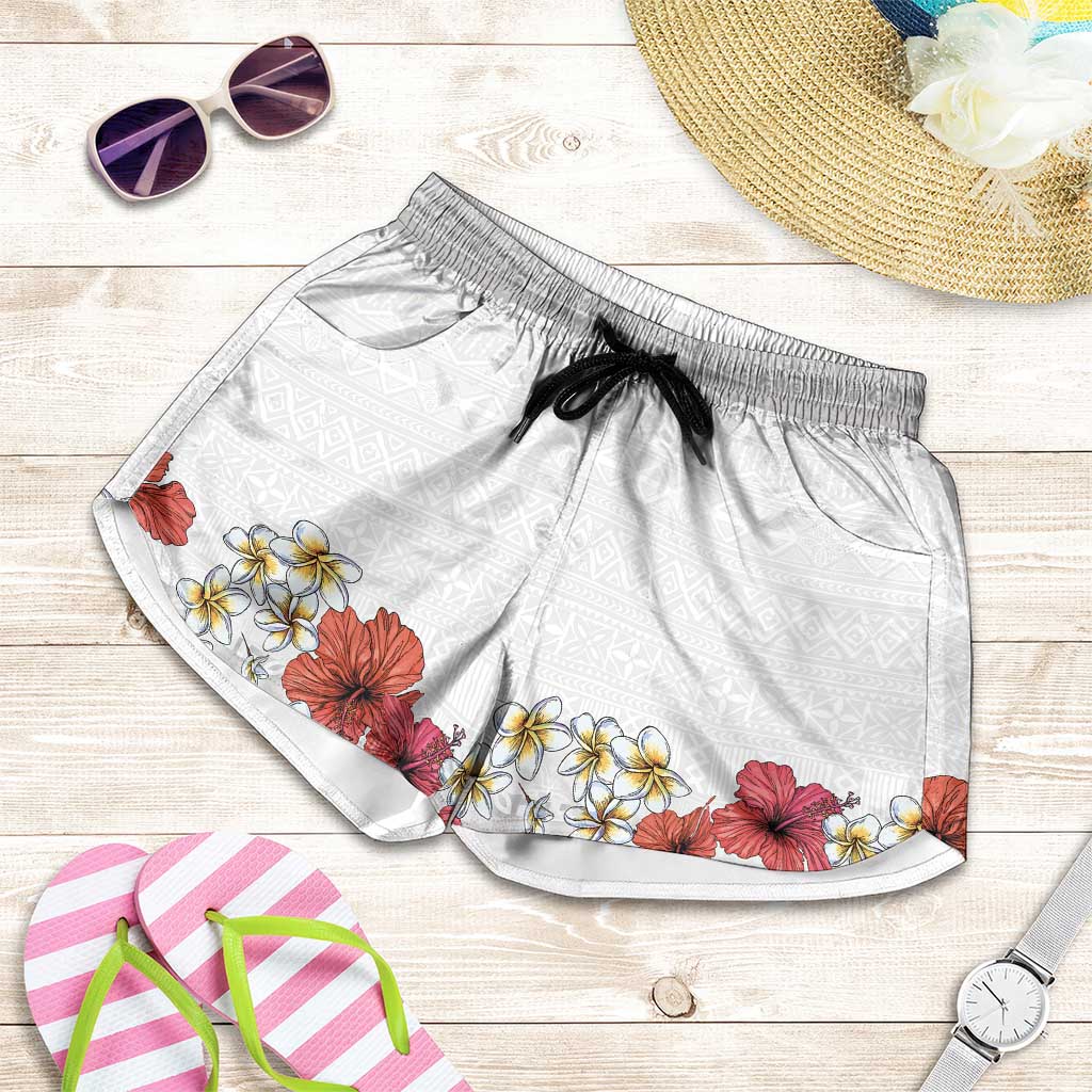 Hawaiian Tropical Flowers and Tribal Polynesian Tattoo Shorts for Women White Color LT03 White - Polynesian Pride
