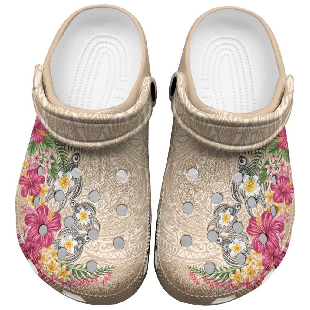 Hawaiian Tropical Flowers and Tribal Turtles Clogs Shoes Polynesian Art Motifs Beige Color - Polynesian Pride