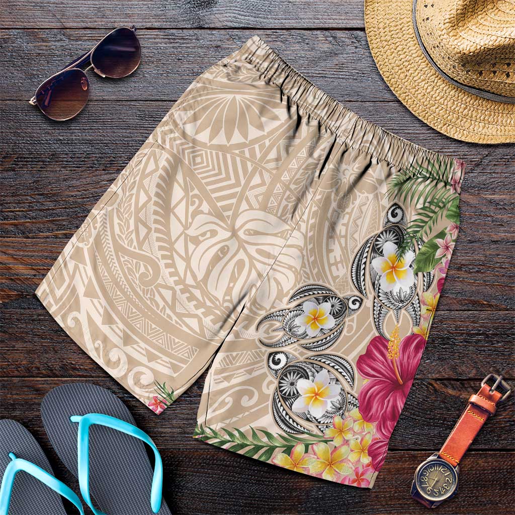 Hawaiian Tropical Flowers and Tribal Turtles Shorts for Men Polynesian Art Motifs Beige Color LT03 Beige - Polynesian Pride