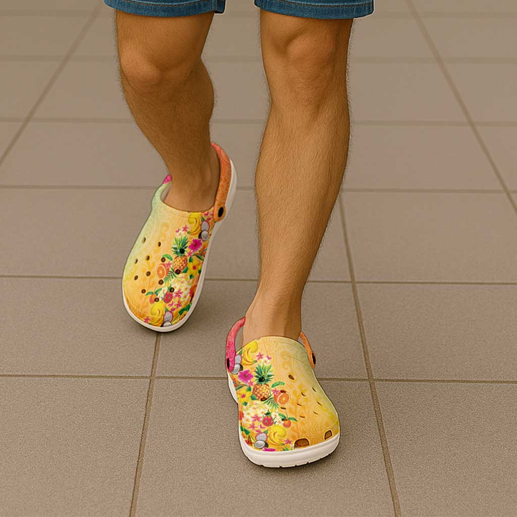 Hawaiian Tropical Fruits and Plants Clogs Shoes Kakau Pattern Summer Vibe