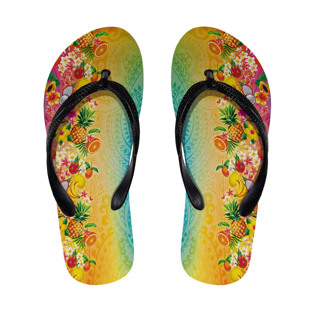 Hawaiian Tropical Fruits and Plants Flip Flops Kakau Pattern Summer Vibe