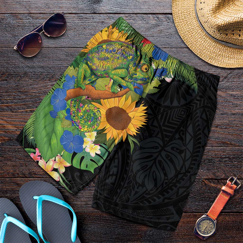 Hawaiian Tropical Plants and Chameleon Shorts for Men Polynesian Art Colorful LT03 Black - Polynesian Pride
