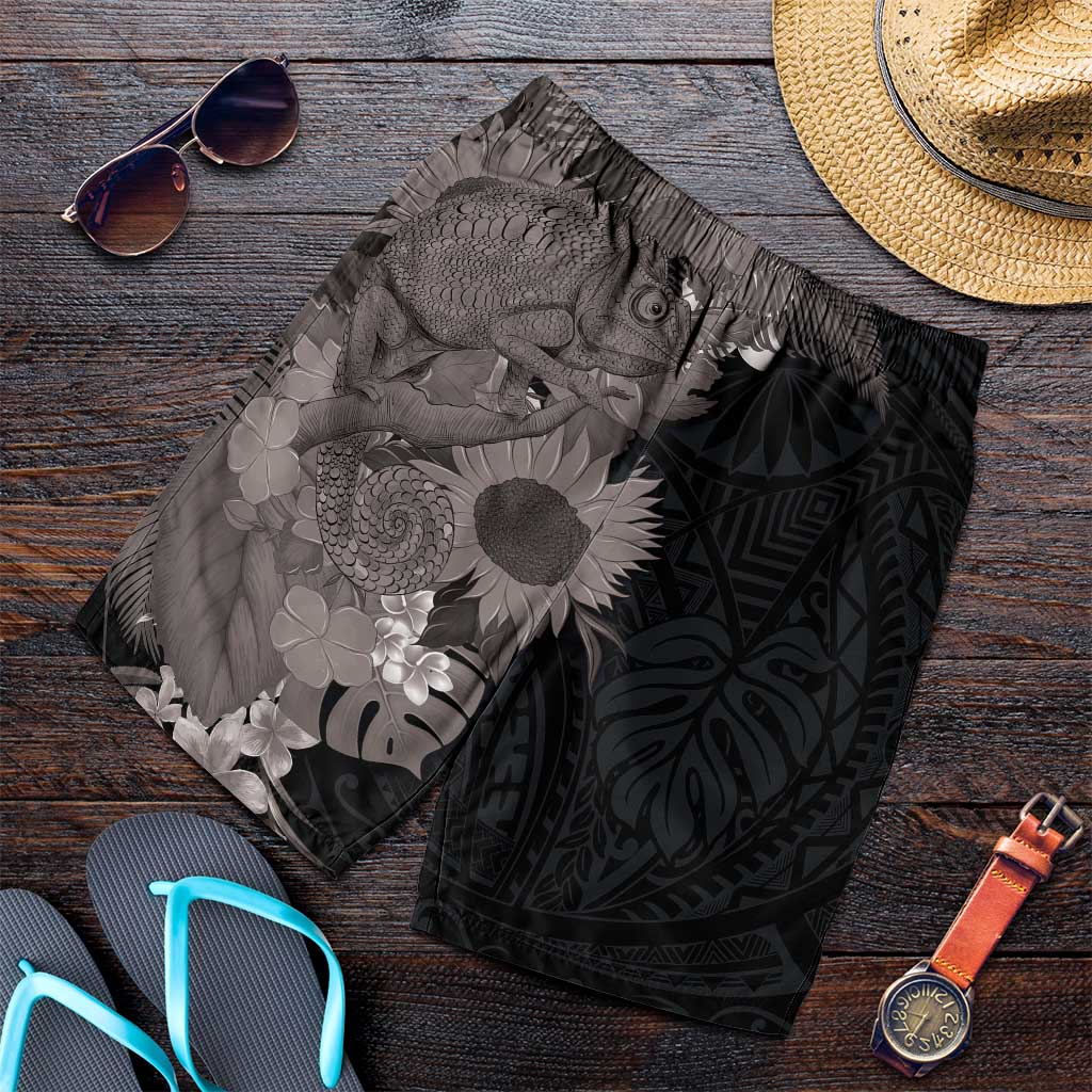 Hawaiian Tropical Plants and Chameleon Shorts for Men Polynesian Art Grayscale LT03 Black - Polynesian Pride