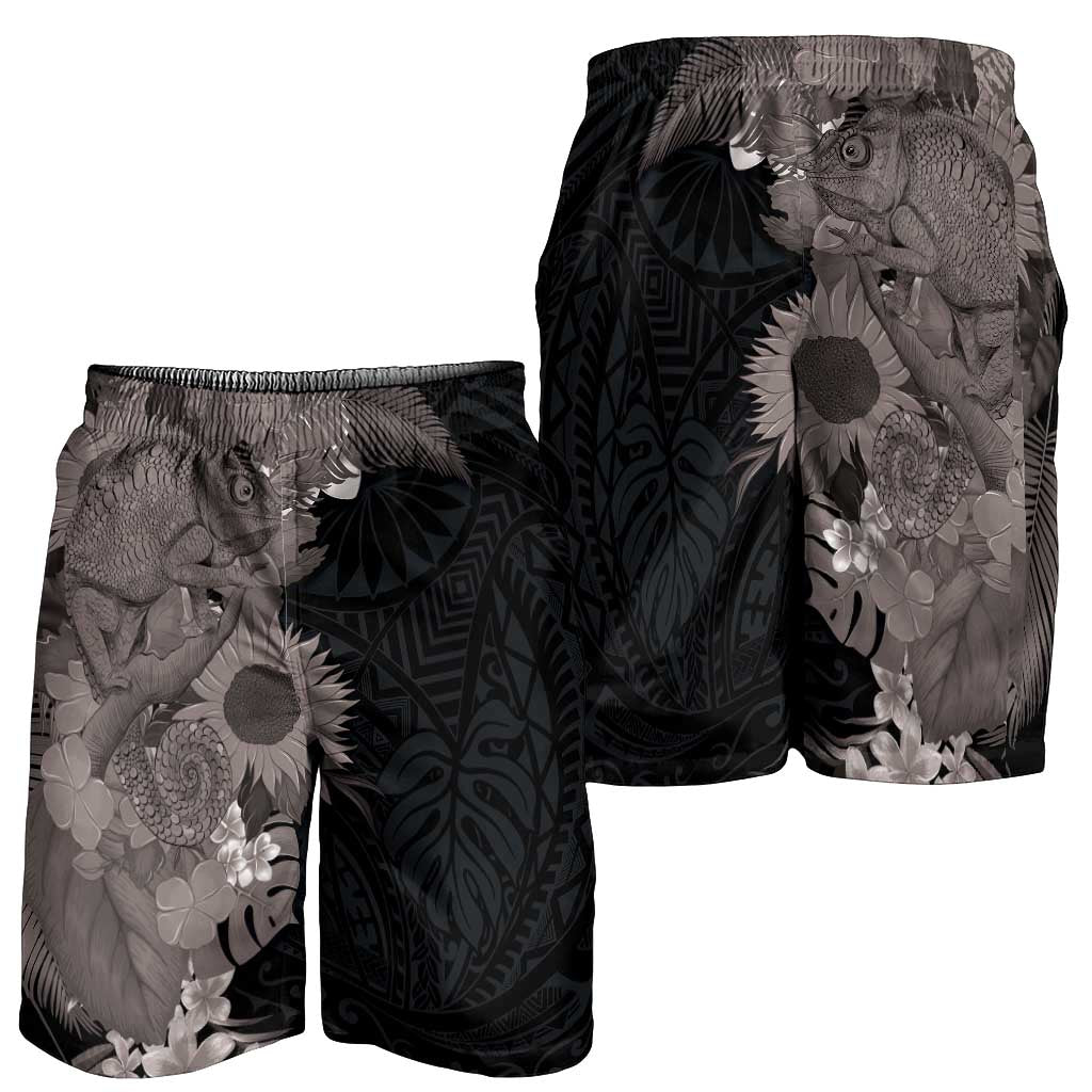 Hawaiian Tropical Plants and Chameleon Shorts for Men Polynesian Art Grayscale LT03 - Polynesian Pride