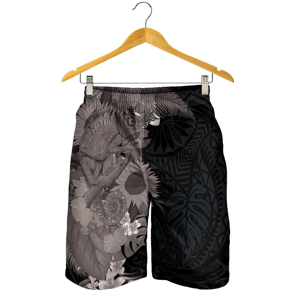 Hawaiian Tropical Plants and Chameleon Shorts for Men Polynesian Art Grayscale LT03 - Polynesian Pride