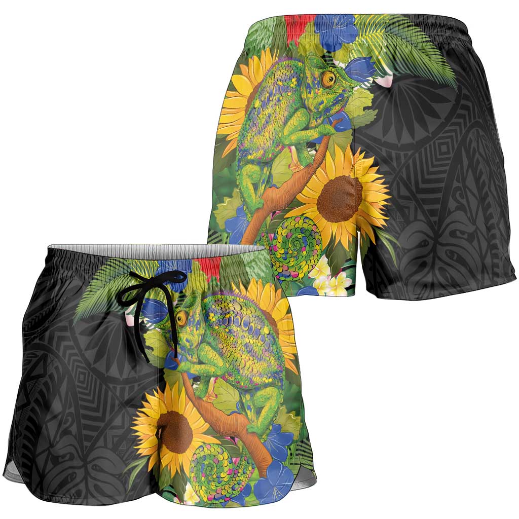 Hawaiian Tropical Plants and Chameleon Shorts for Women Polynesian Art Colorful LT03 - Polynesian Pride