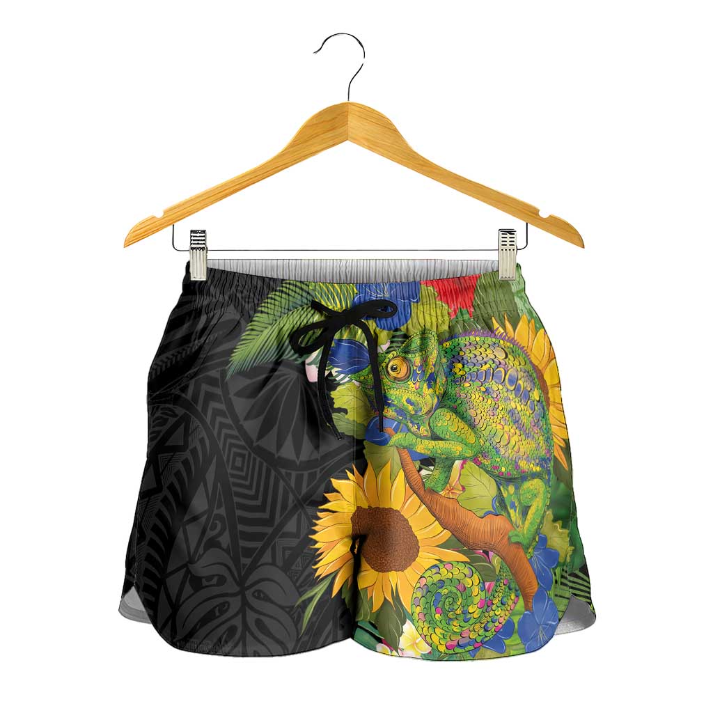 Hawaiian Tropical Plants and Chameleon Shorts for Women Polynesian Art Colorful LT03 - Polynesian Pride