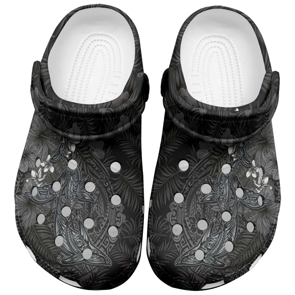 Hawaiian Tropical Plants and Tribal Whales Clogs Shoes Polynesian Art Tattoo Grayscale LT03