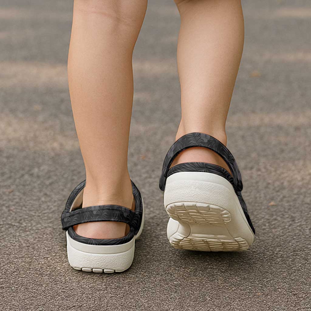 Hawaiian Tropical Plants and Tribal Whales Clogs Shoes Polynesian Art Tattoo Grayscale LT03