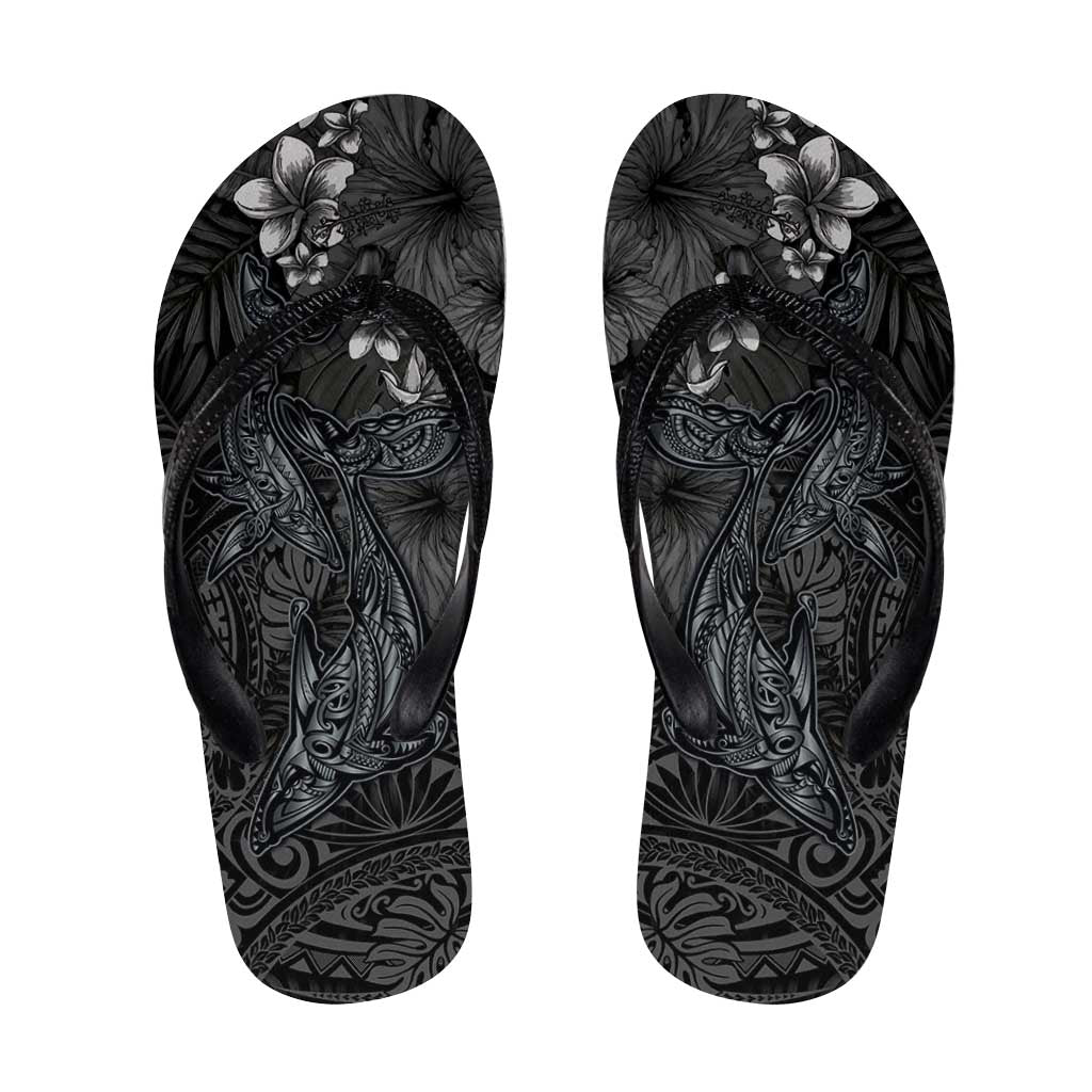 Hawaiian Tropical Plants and Tribal Whales Flip Flops Polynesian Art Tattoo Grayscale LT03 Black - Polynesian Pride