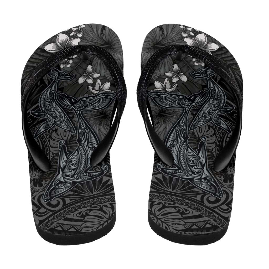 Hawaiian Tropical Plants and Tribal Whales Flip Flops Polynesian Art Tattoo Grayscale LT03 - Polynesian Pride