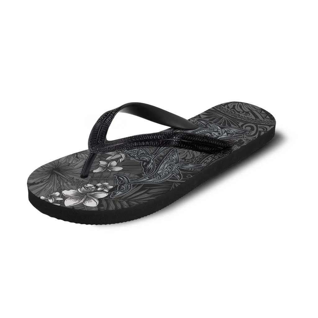 Hawaiian Tropical Plants and Tribal Whales Flip Flops Polynesian Art Tattoo Grayscale LT03 - Polynesian Pride