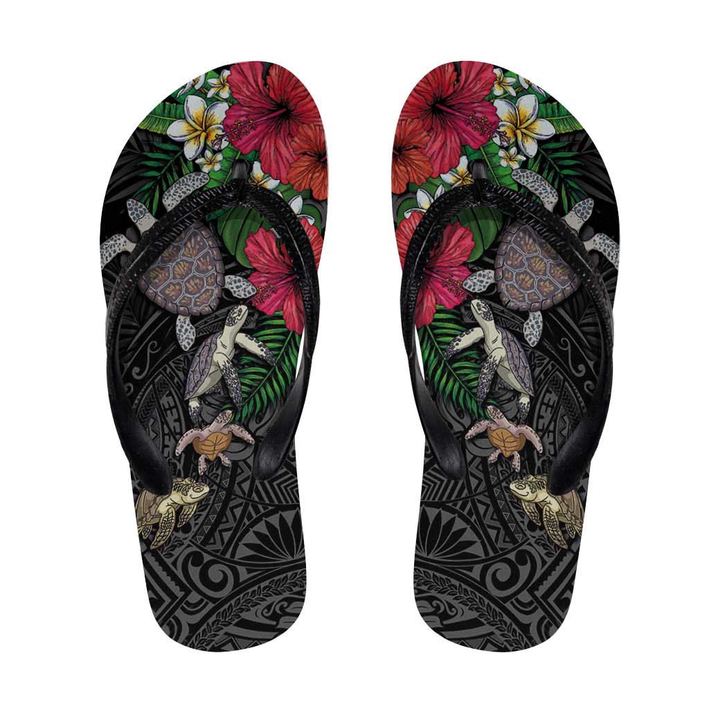 Hawaiian Tropical Plants and Turtles Flip Flops Polynesian Art Motifs LT03 Black - Polynesian Pride