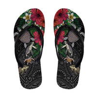 Hawaiian Tropical Plants and Turtles Flip Flops Polynesian Art Motifs LT03 Black - Polynesian Pride