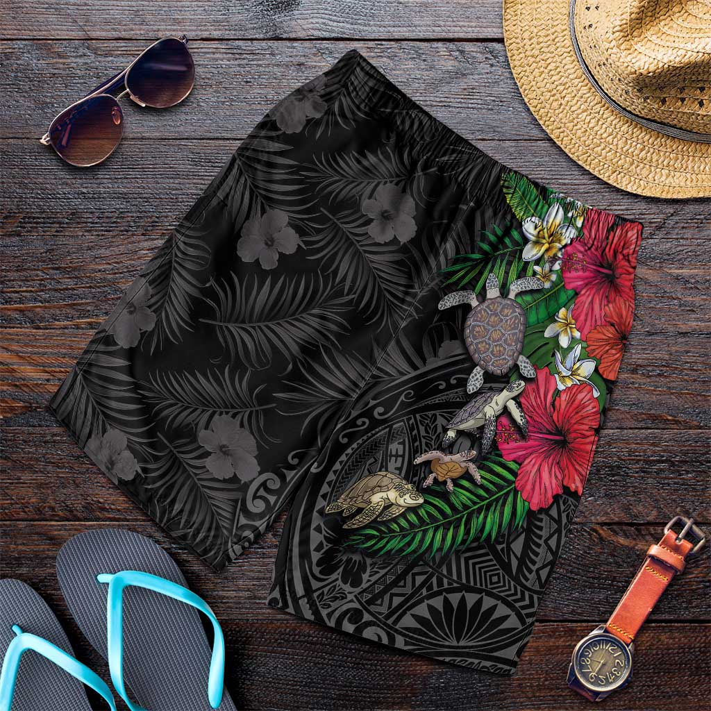Hawaiian Tropical Plants and Turtles Shorts for Men Polynesian Art Motifs LT03 Black - Polynesian Pride
