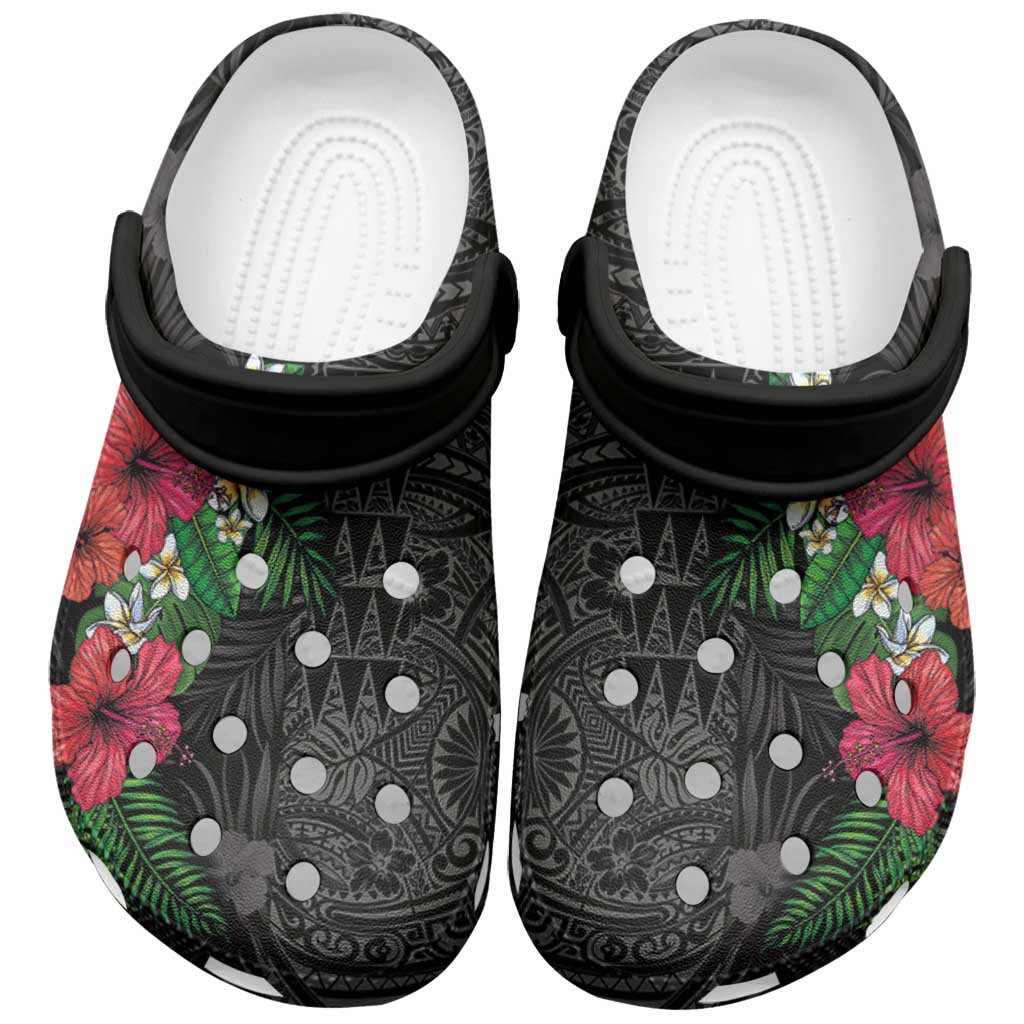 Hawaiian Tropical Plants Clogs Shoes Kakau Tattoo and Polynesian Pattern Half Black Color LT03