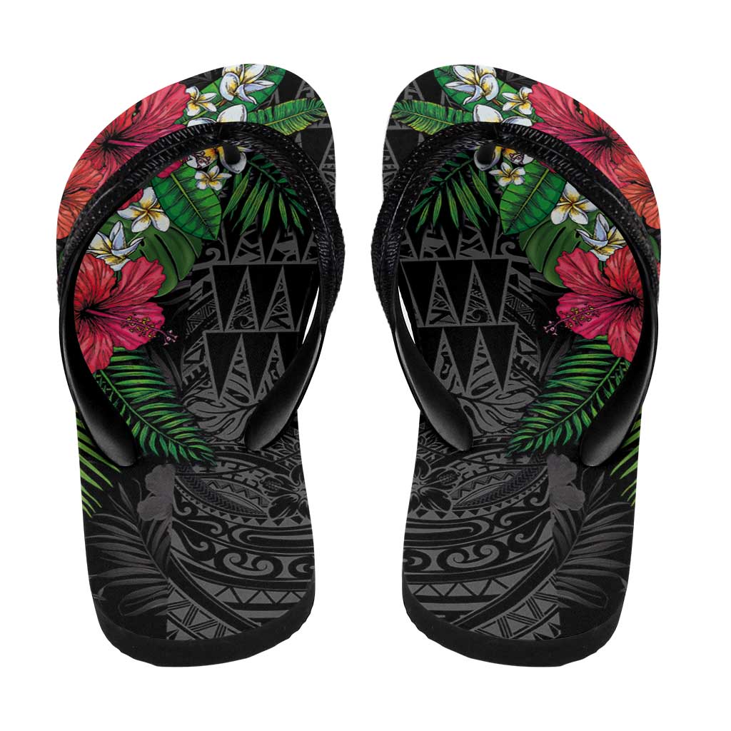 Hawaiian Tropical Plants Flip Flops Kakau Tattoo and Polynesian Pattern Half Black Color LT03 - Polynesian Pride
