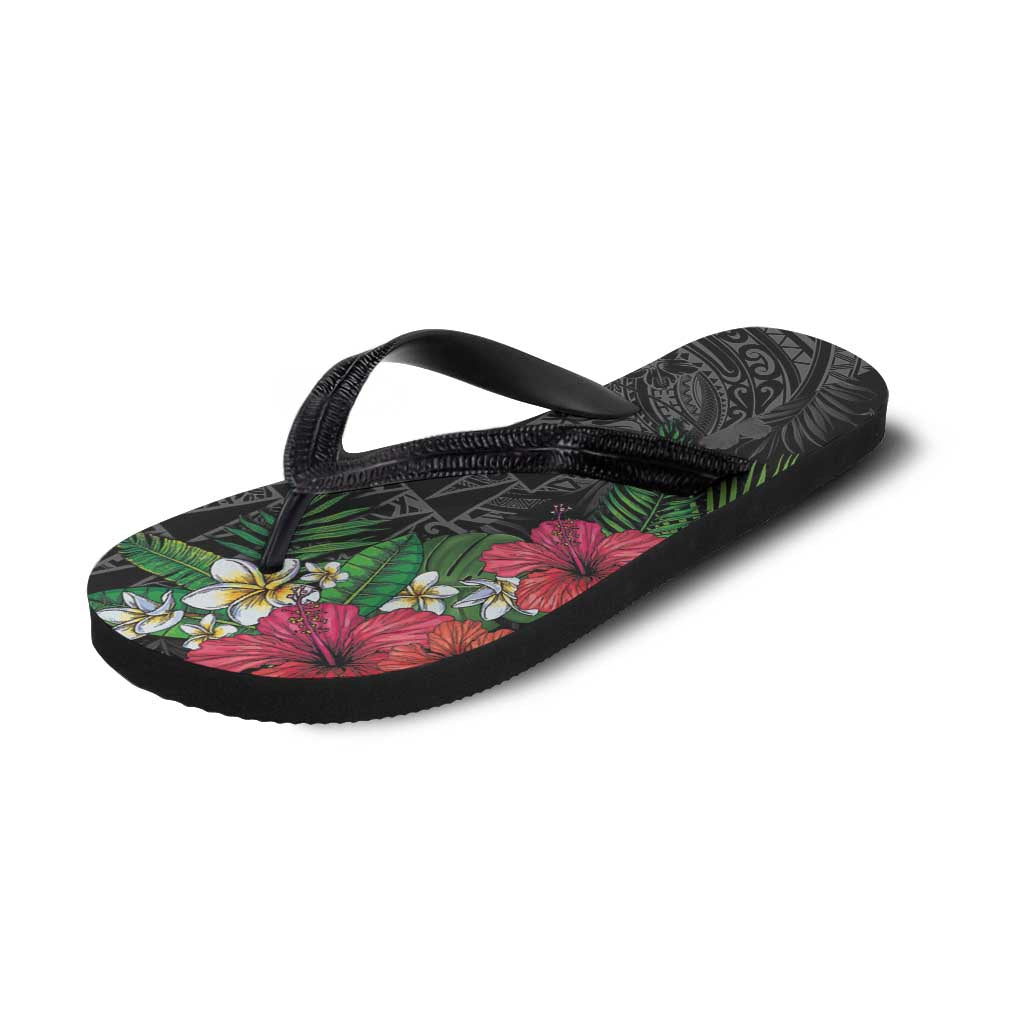 Hawaiian Tropical Plants Flip Flops Kakau Tattoo and Polynesian Pattern Half Black Color LT03 - Polynesian Pride