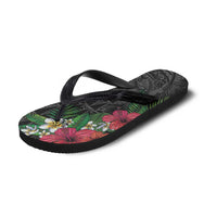 Hawaiian Tropical Plants Flip Flops Kakau Tattoo and Polynesian Pattern Half Black Color LT03 - Polynesian Pride