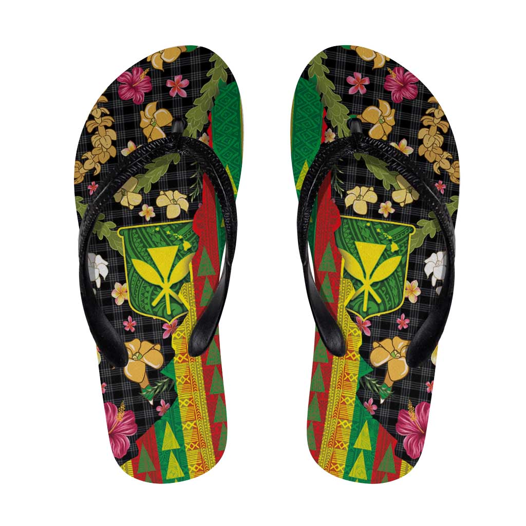 Hawaiian Tropical Plants Lei Flip Flops with Palaka Pattern and Kanaka Maoli Tribal Motifs - Polynesian Pride