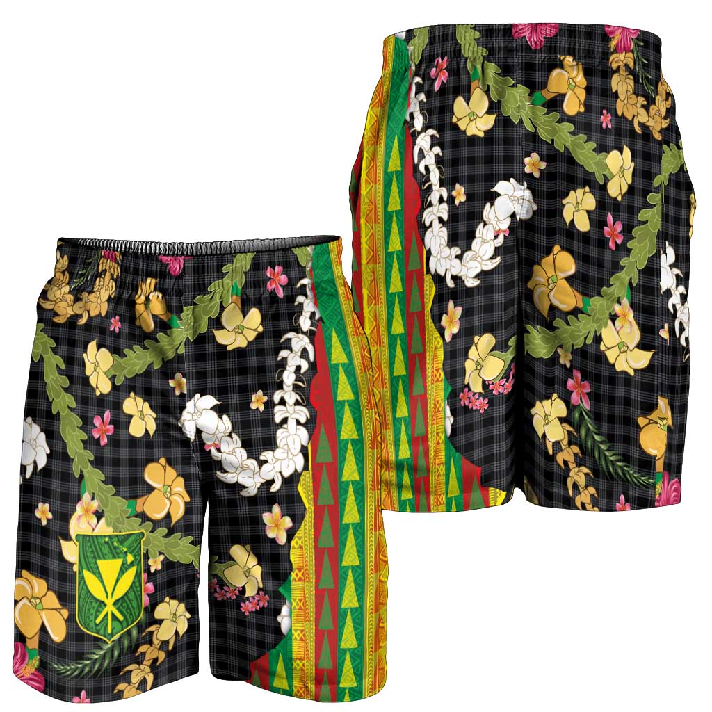 Hawaiian Tropical Plants Lei Shorts for Men with Palaka Pattern and Kanaka Maoli Tribal Motifs LT03 - Polynesian Pride