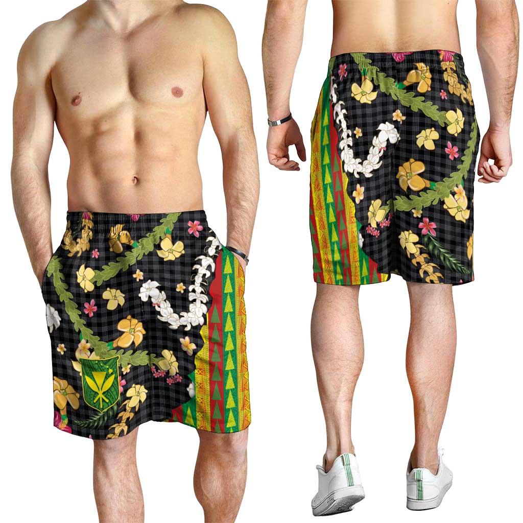 Hawaiian Tropical Plants Lei Shorts for Men with Palaka Pattern and Kanaka Maoli Tribal Motifs LT03 - Polynesian Pride
