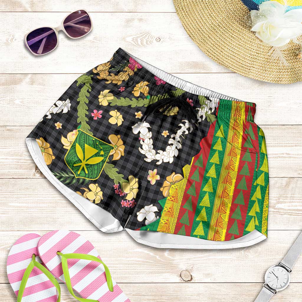 Hawaiian Tropical Plants Lei Shorts for Women Kanaka Maoli Tribal with Palaka Motifs - Polynesian Pride