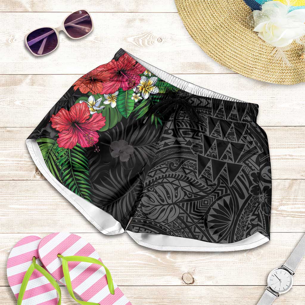 Hawaiian Tropical Plants Shorts for Women Kakau Tattoo and Polynesian Pattern Half Black Color LT03 Black - Polynesian Pride