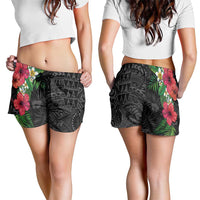 Hawaiian Tropical Plants Shorts for Women Kakau Tattoo and Polynesian Pattern Half Black Color LT03 - Polynesian Pride