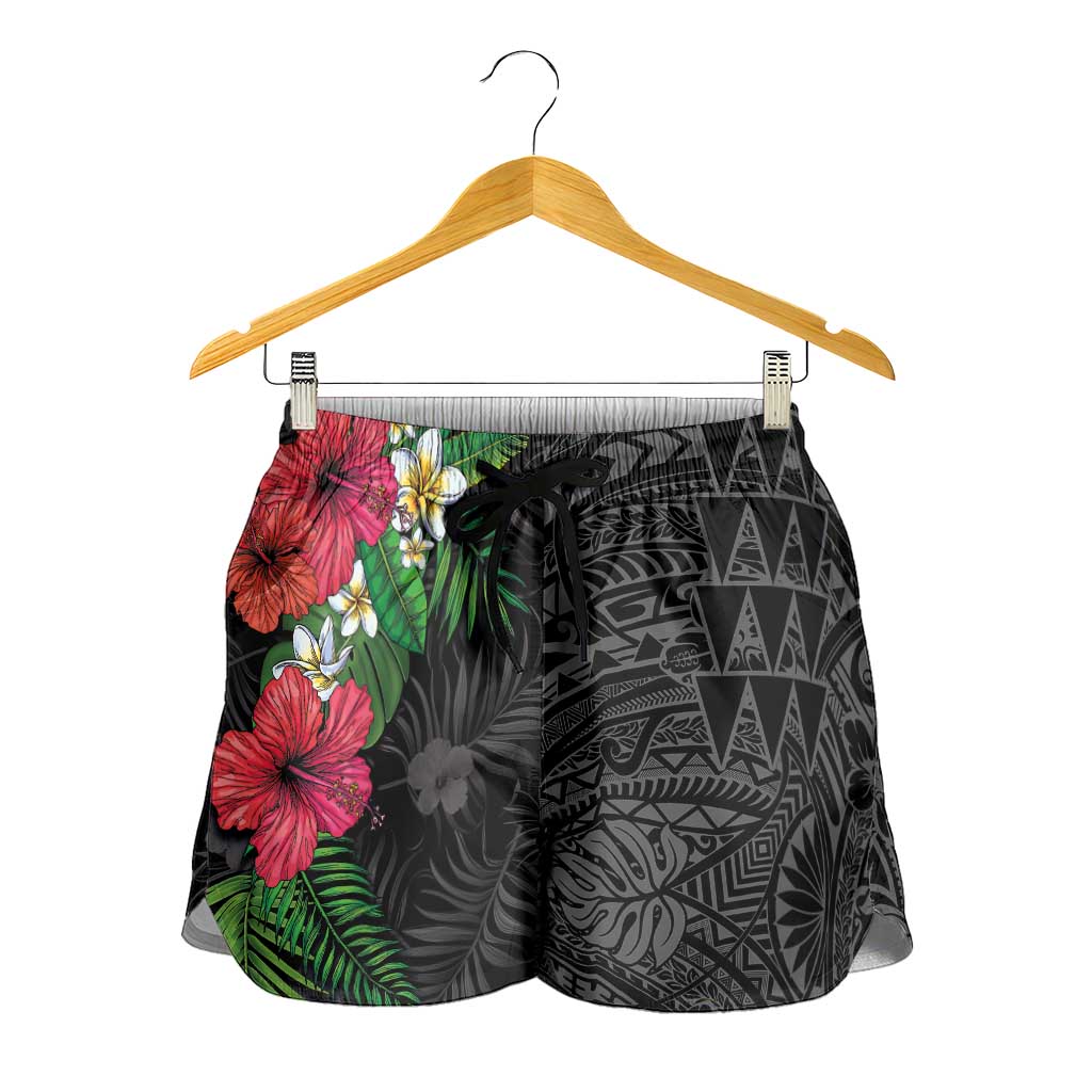 Hawaiian Tropical Plants Shorts for Women Kakau Tattoo and Polynesian Pattern Half Black Color LT03 - Polynesian Pride