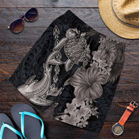 Hawaiian Tropical Plants Turtle and Shark Shorts for Men Polynesian Art Tattoo Grayscale Color LT03 Black - Polynesian Pride