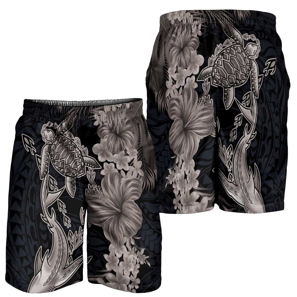 Hawaiian Tropical Plants Turtle and Shark Shorts for Men Polynesian Art Tattoo Grayscale Color LT03 - Polynesian Pride