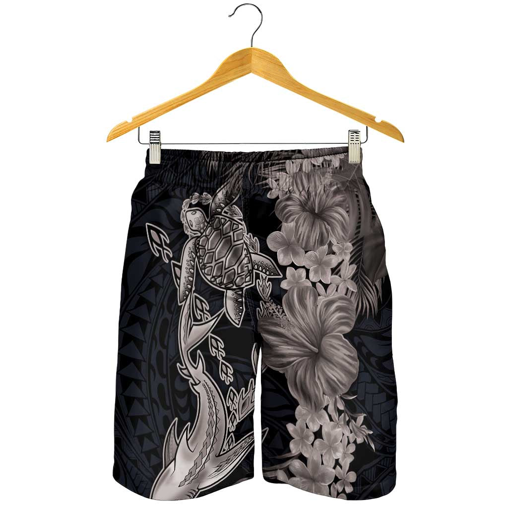 Hawaiian Tropical Plants Turtle and Shark Shorts for Men Polynesian Art Tattoo Grayscale Color LT03 - Polynesian Pride