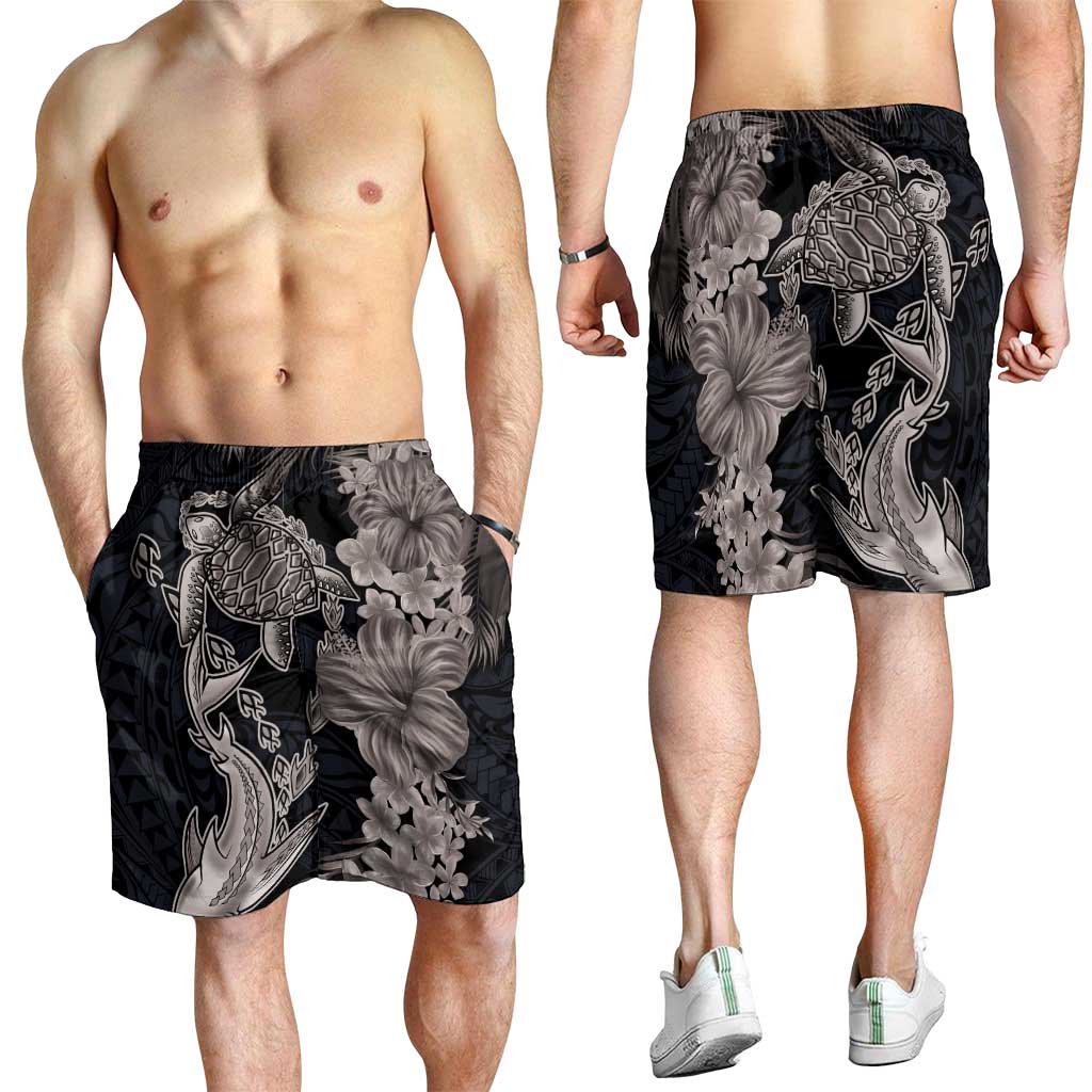 Hawaiian Tropical Plants Turtle and Shark Shorts for Men Polynesian Art Tattoo Grayscale Color LT03 - Polynesian Pride