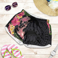 Hawaiian Tropical Plants Turtle and Shark Shorts for Women Polynesian Art Tattoo LT03 Black - Polynesian Pride