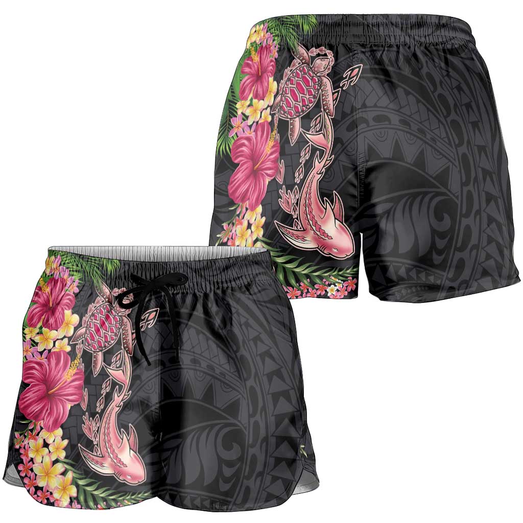 Hawaiian Tropical Plants Turtle and Shark Shorts for Women Polynesian Art Tattoo LT03 - Polynesian Pride