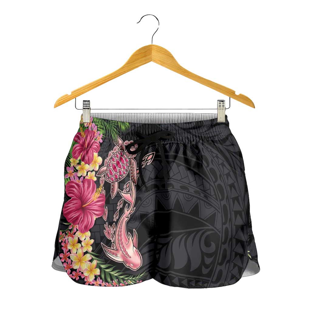 Hawaiian Tropical Plants Turtle and Shark Shorts for Women Polynesian Art Tattoo LT03 - Polynesian Pride