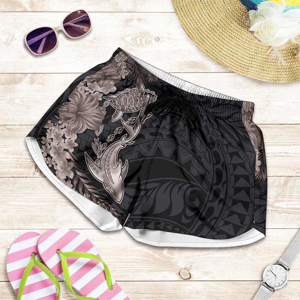 Hawaiian Tropical Plants Turtle and Shark Shorts for Women Polynesian Art Tattoo Grayscale Color LT03 Black - Polynesian Pride