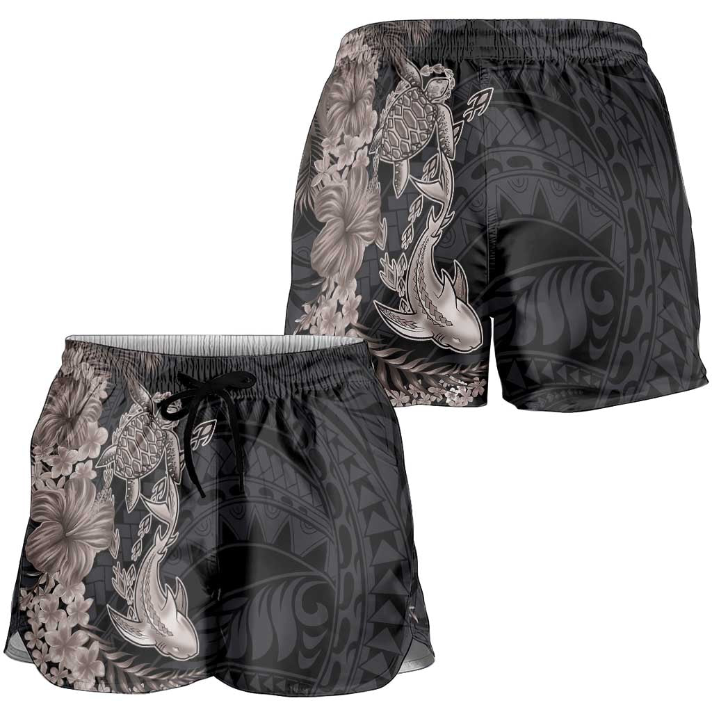 Hawaiian Tropical Plants Turtle and Shark Shorts for Women Polynesian Art Tattoo Grayscale Color LT03 - Polynesian Pride