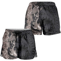 Hawaiian Tropical Plants Turtle and Shark Shorts for Women Polynesian Art Tattoo Grayscale Color LT03 - Polynesian Pride