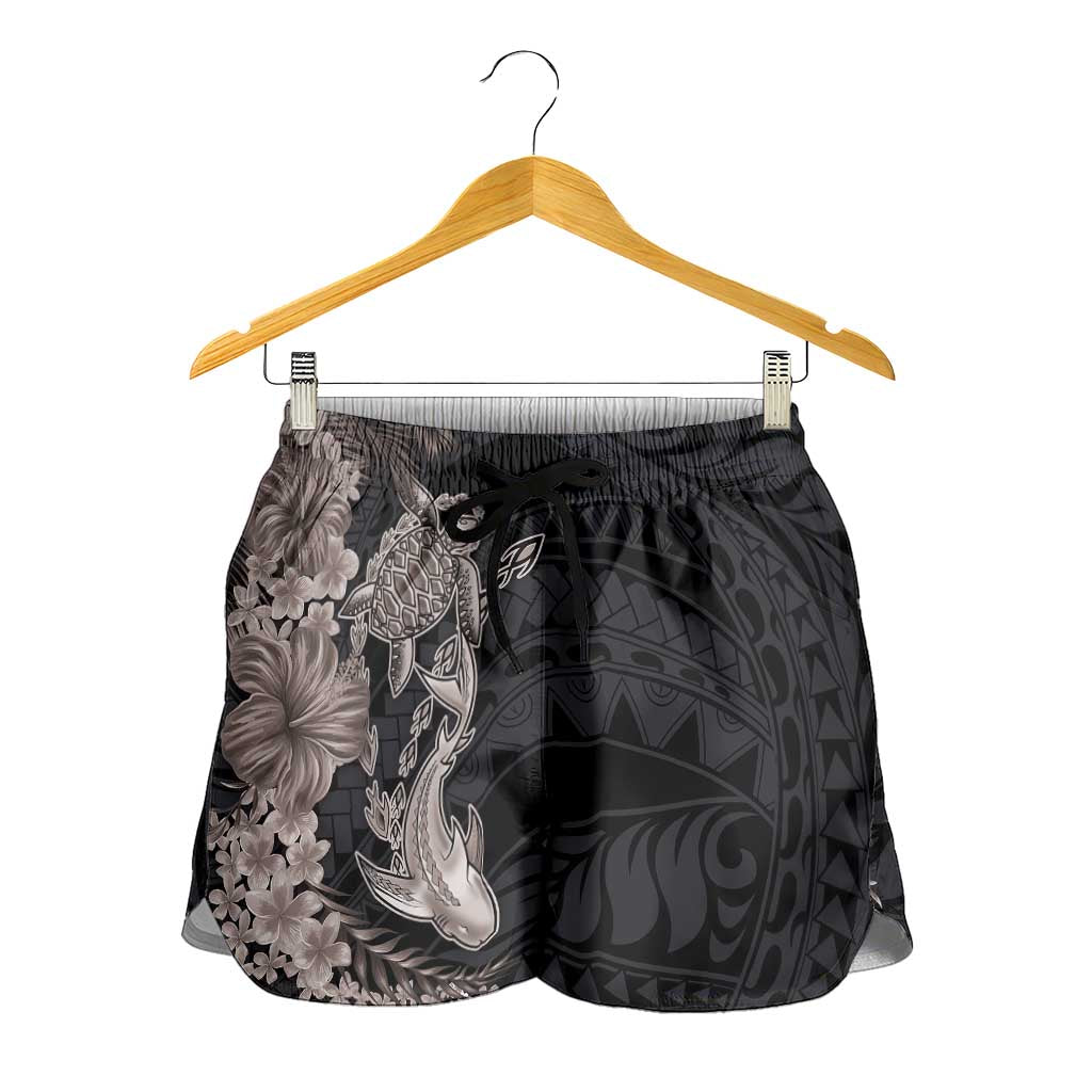 Hawaiian Tropical Plants Turtle and Shark Shorts for Women Polynesian Art Tattoo Grayscale Color LT03 - Polynesian Pride