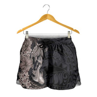 Hawaiian Tropical Plants Turtle and Shark Shorts for Women Polynesian Art Tattoo Grayscale Color LT03 - Polynesian Pride