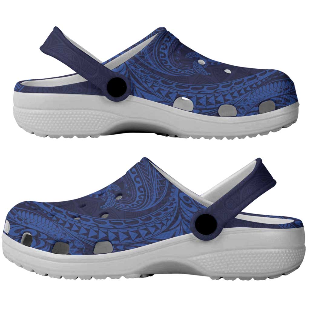 Hawaiian Turtle and Shark Clogs Shoes Kakau Tribal with Polynesian Pattern Blue Color LT03 - Polynesian Pride