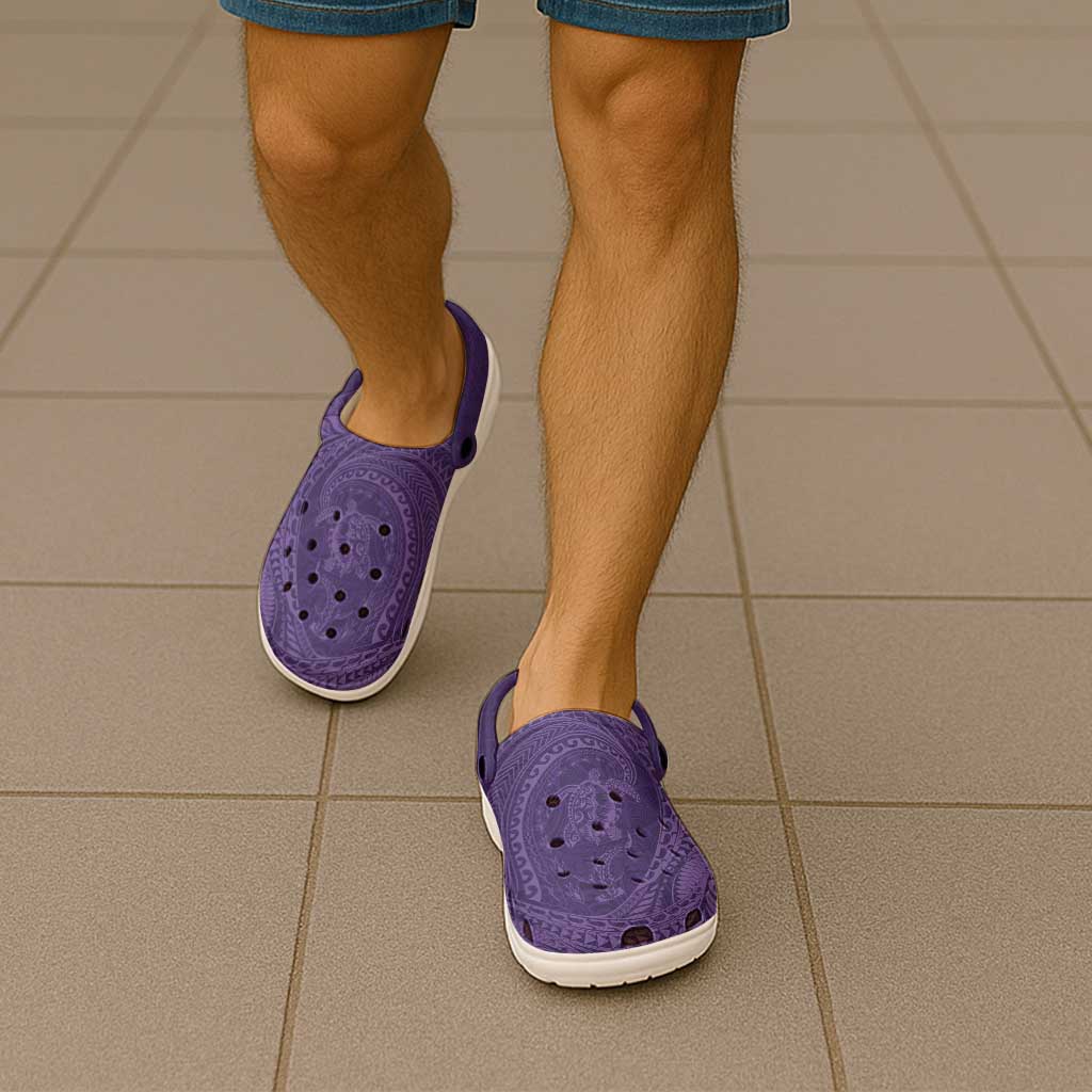 Hawaiian Turtle and Shark Clogs Shoes Kakau Tribal with Polynesian Pattern Purple Color LT03 - Polynesian Pride