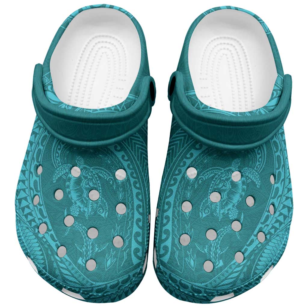 Hawaiian Turtle and Shark Clogs Shoes Kakau Tribal with Polynesian Pattern Turquoise Color LT03 Turquoise - Polynesian Pride